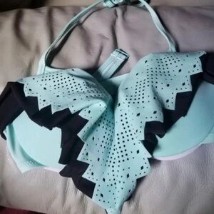 PINK Black and Blue Ruffle Halter Bikini Top Size Small